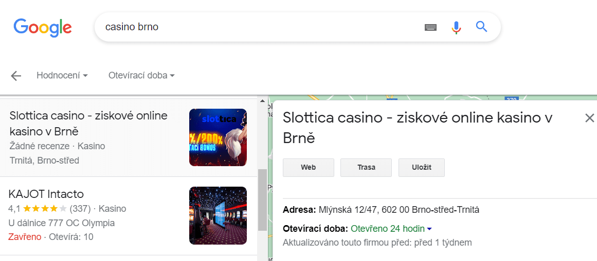Google Maps, vyhledávání, Casino Brno, odkazy