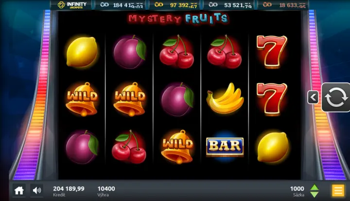 Hra Mystery fruits od Spinfinity, třešně, citrony, sedmy, zvonečky, wild symbol, banány