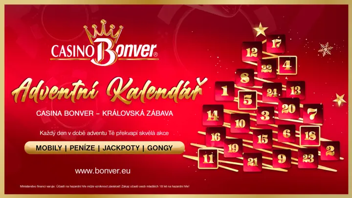 vánoční stromeček, adventní kalendář, casino bonver logo, sněhové vločky