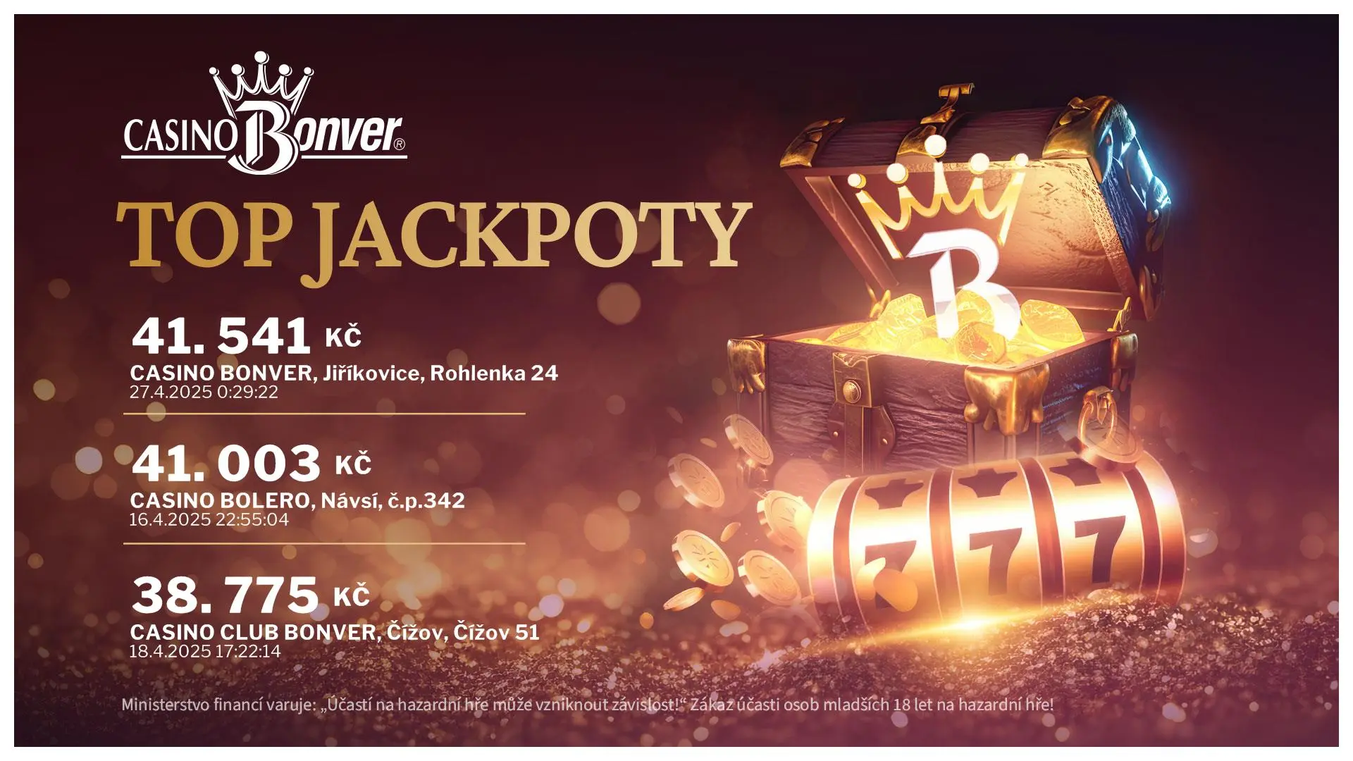 Nejvyšší aktuální jackpoty v Casinech a Clubech Bonver
