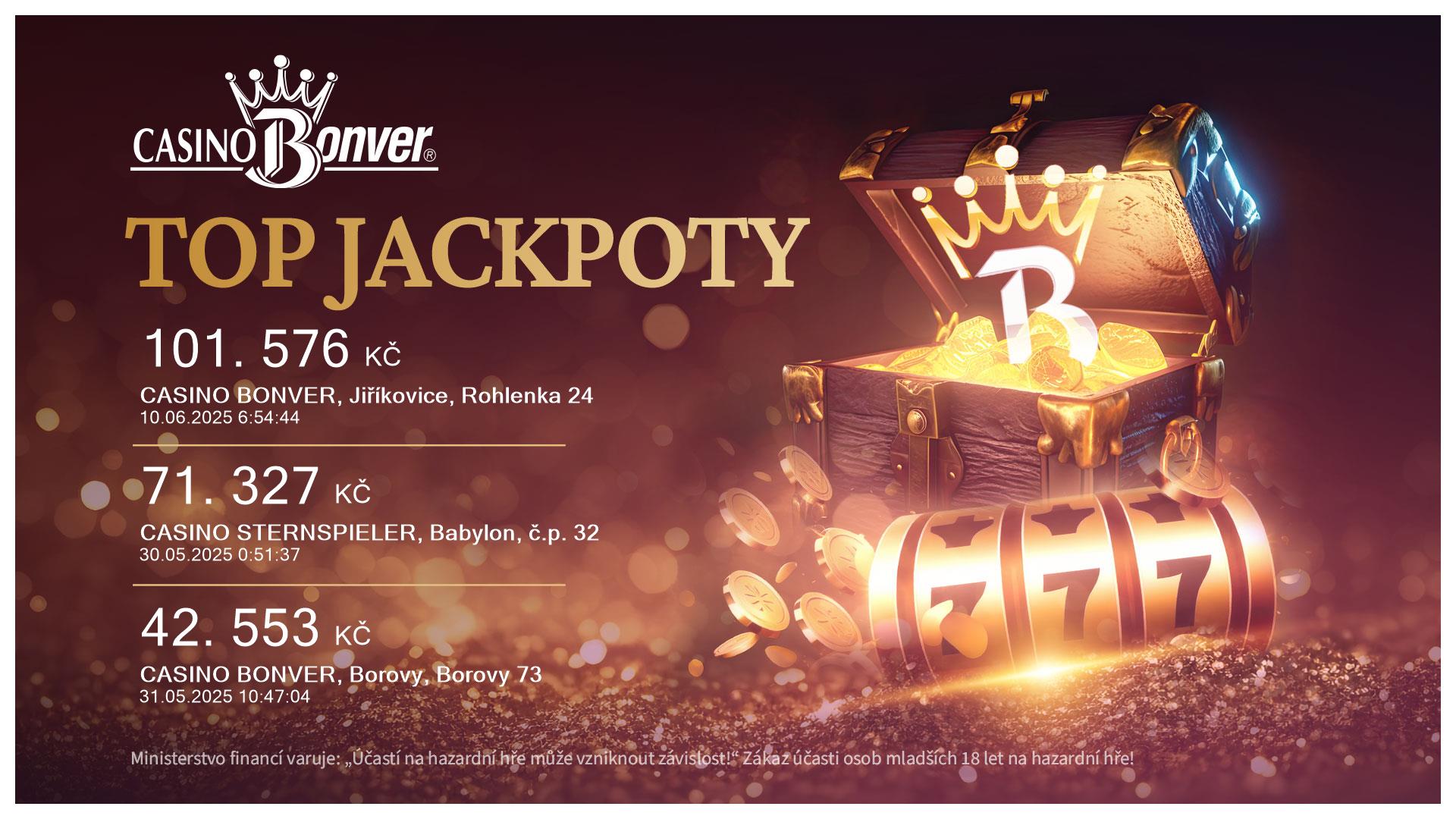 Nejvyšší aktuální jackpoty v Casinech a Clubech Bonver
