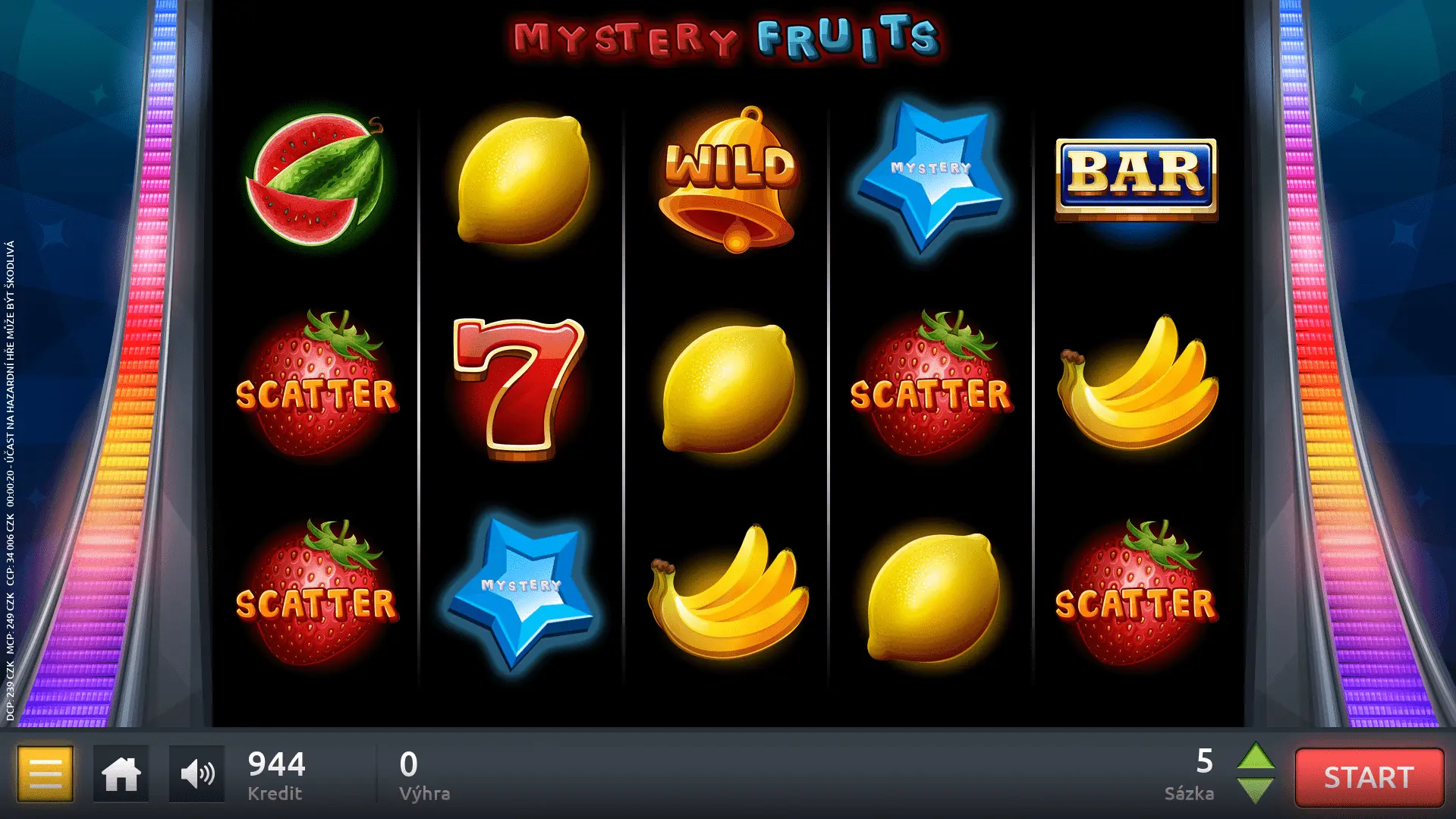YSTERY FRUITS je hra se pěti válci, obsahuje 12 různých symbolů (pomeranč, citrón, švestka, banán, třešně, víno, meloun, bar, sedmička, scatter, wild, mystery