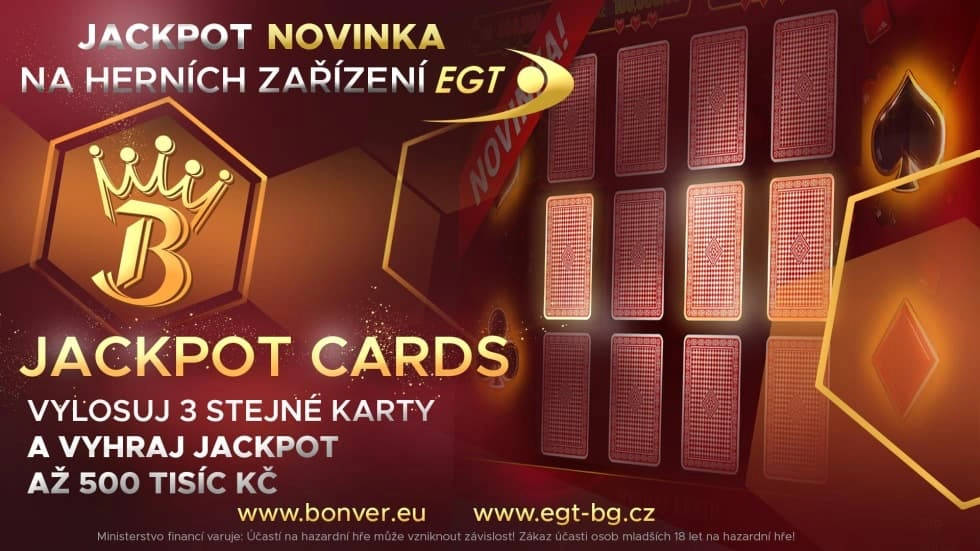 grafická upoutávka, vlt, Jackpot cards, bílý nápis Vylosuj 3 stejné karty a vyhraj až 500 tis. korun, červené pozadí, šestiúhelníky, karty vyskládané rubovou stranou, odkaz bonver, odkaz egt, logo Bonver, logo EGT, káry, piky