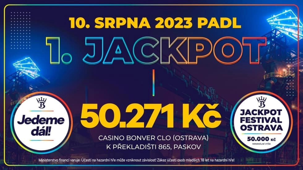 oznámení, Jackpot festival, svítící Bolt Tower, gratulace výherci, provozovna Casino Bonver Clo (Paskov), 50.271 Kč