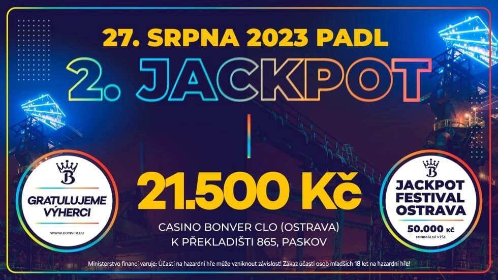 oznámení, Jackpot festival, svítící Bolt Tower, gratulace výherci, provozovna Casino Bonver Clo (Paskov), 21.500 Kč